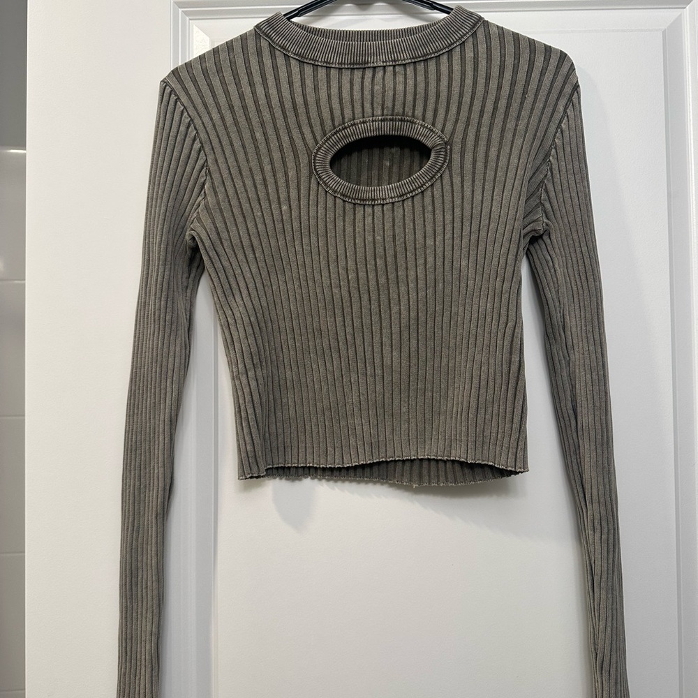 Fashion Nova Ribbed Green Gray Cut Out Crop Top Women’s Size XS